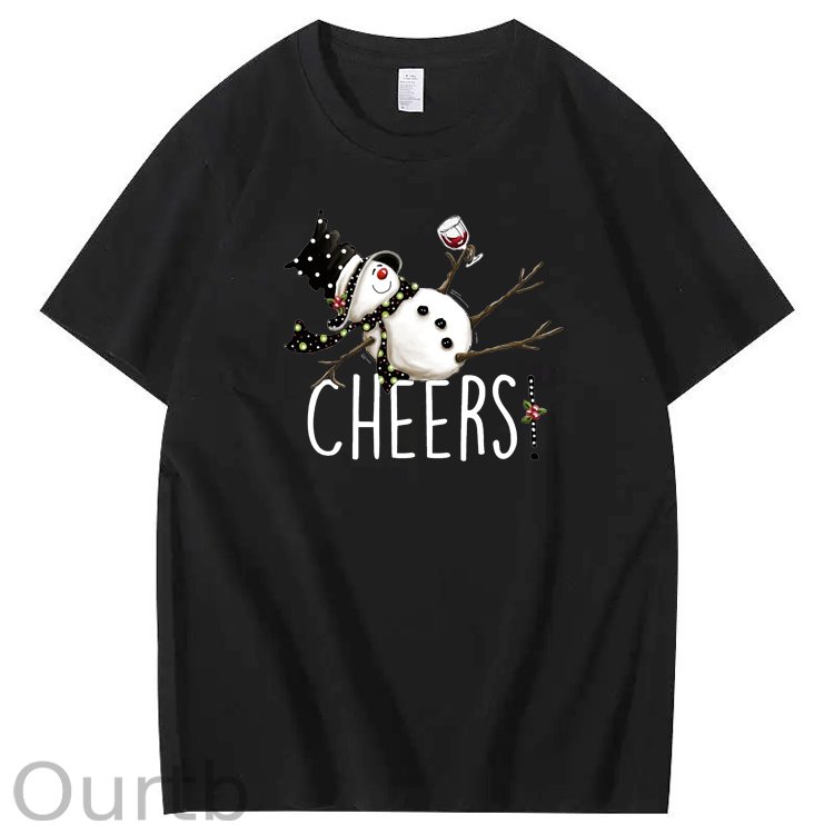 Christmas Cheers Snowman Pattern 100% Cotton Crew Neck T-Shirt