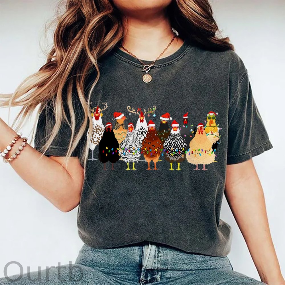 Unisex Christmas Chicken Printed Washed Tee