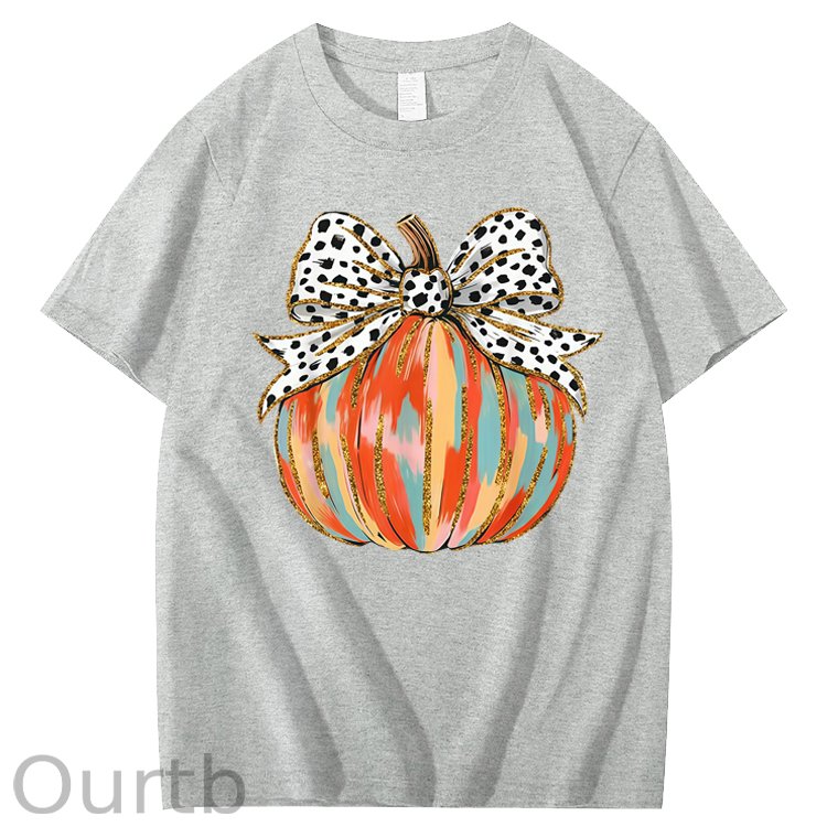 Coquette Bow Pumpkin Season Autumn Fall Leaves Thanksgiving 100% Cotton T-Shirt