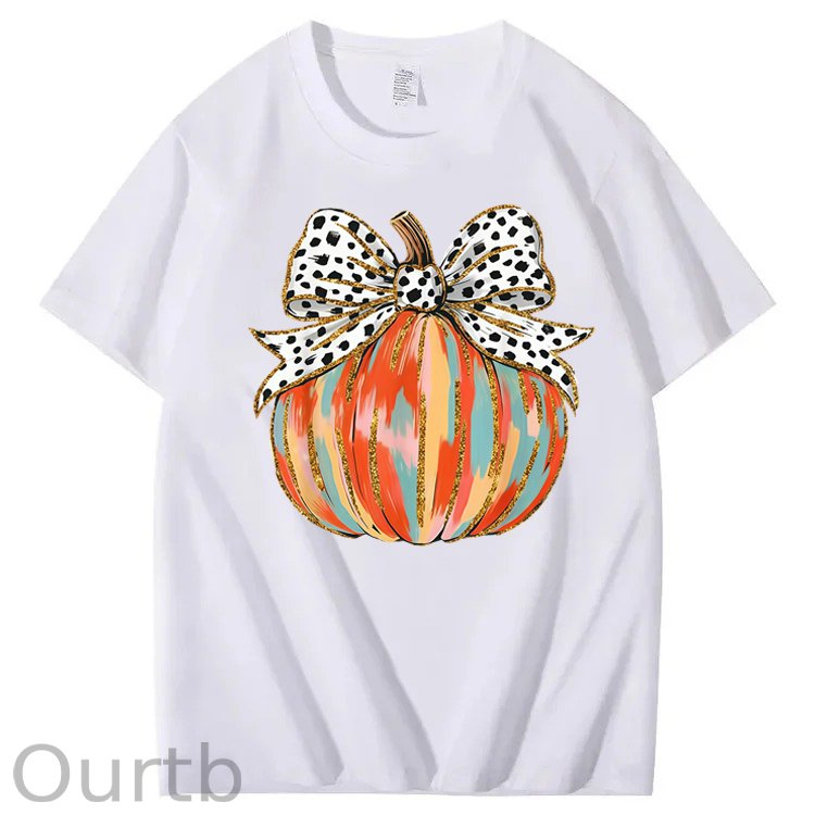 Coquette Bow Pumpkin Season Autumn Fall Leaves Thanksgiving 100% Cotton T-Shirt