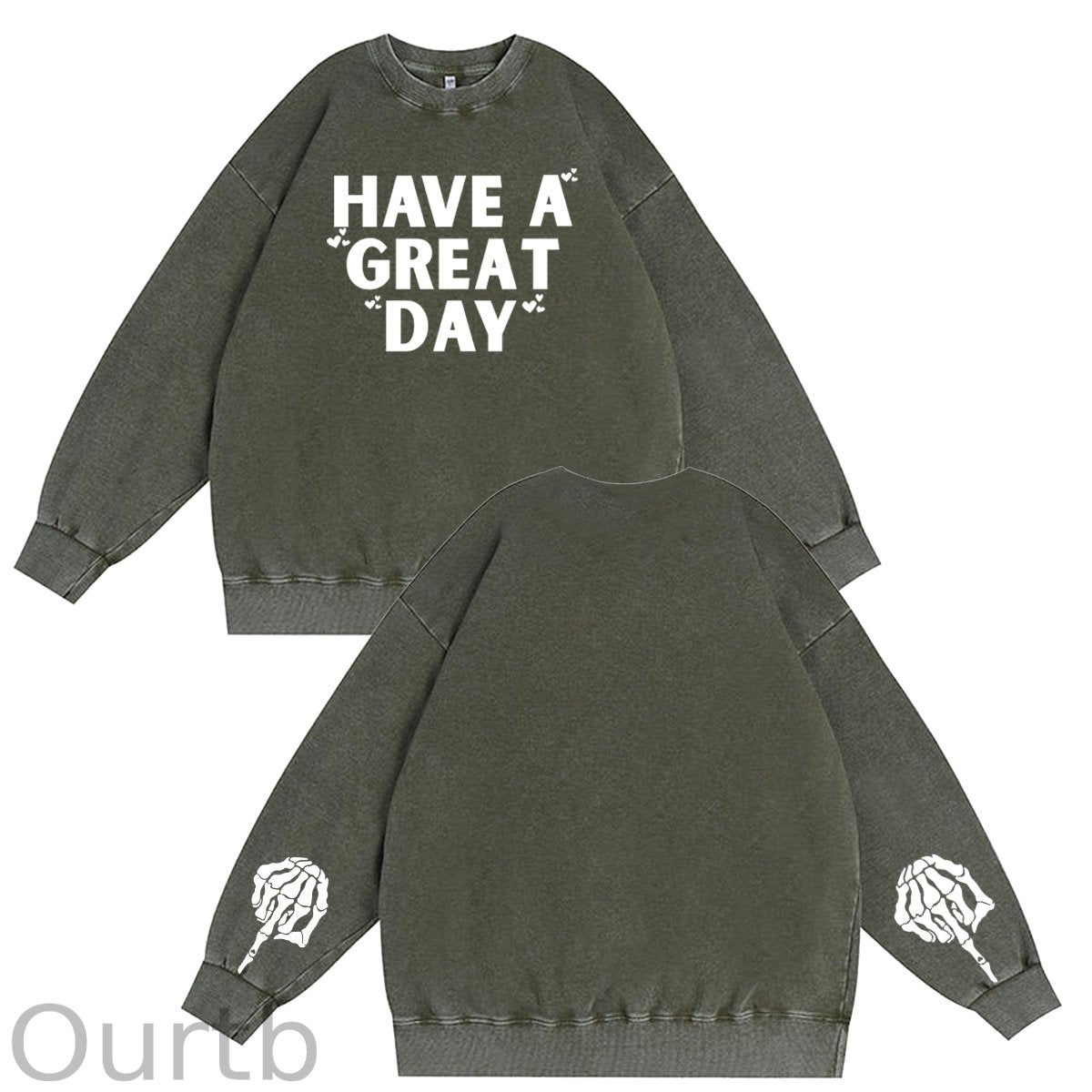 Have A Great Day Skull  Pattern Vintage 100% 325g Cotton Washed Long Sleeve Sweatshirt