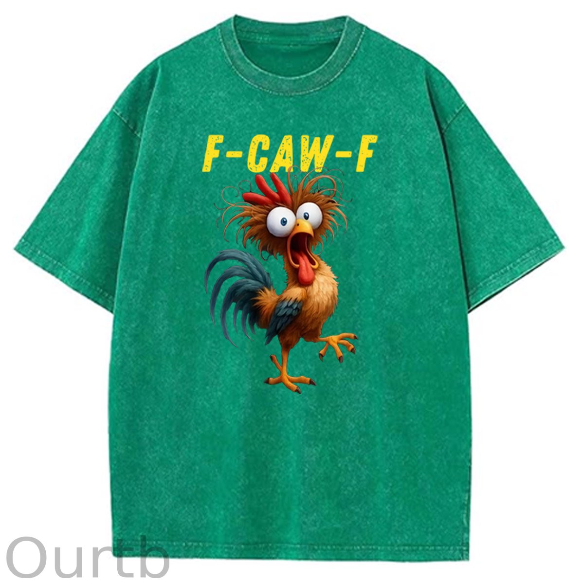 F-Caw-F Crazy Chicken Pattern  Washed Distressed Crew Neck 100% Cototon T-Shirt