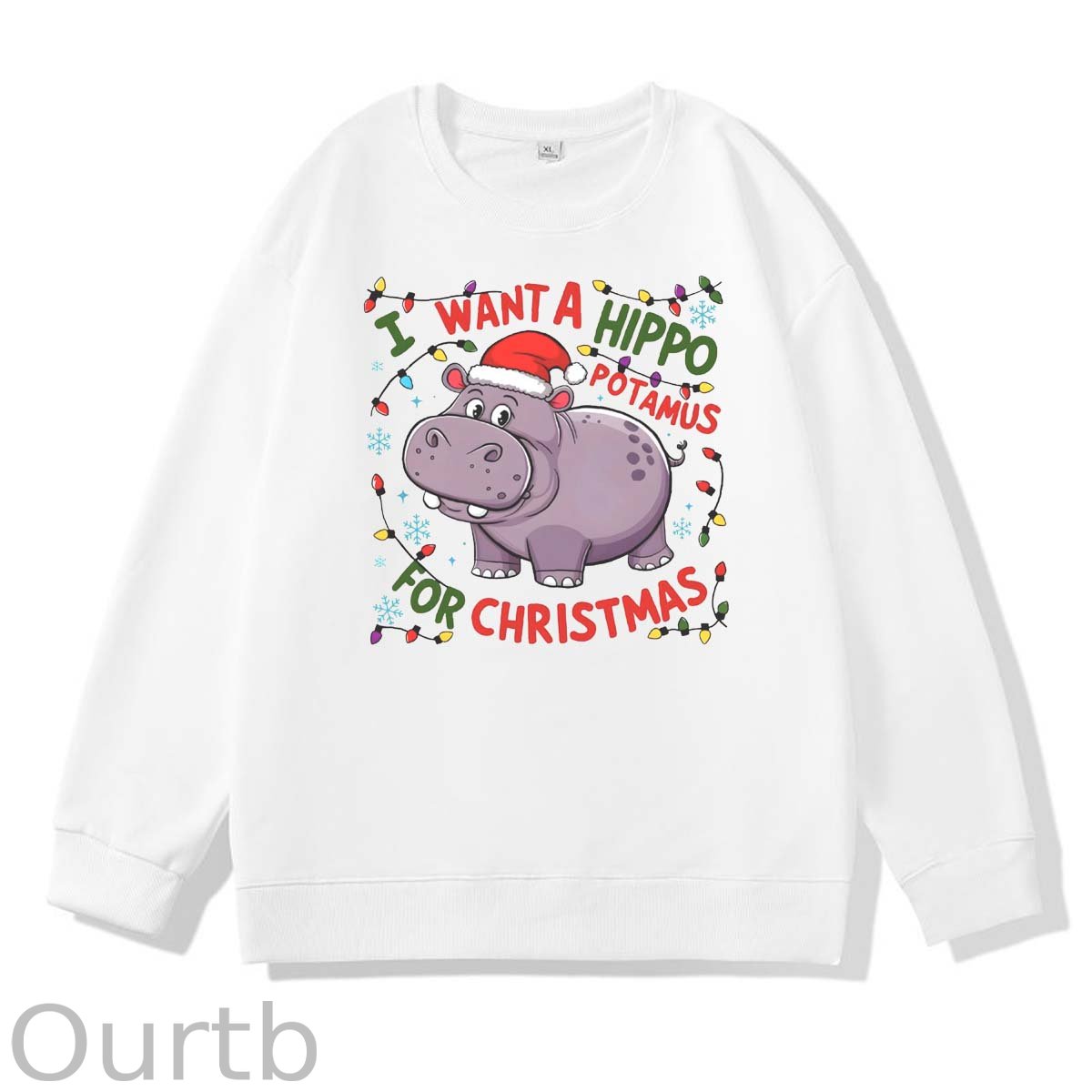 Christmas Hippo   Pattern 100% 300g CottonCrew Neck Sweatshirt