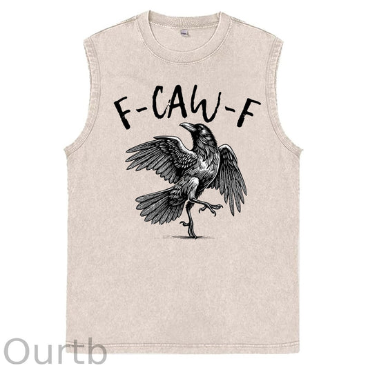F-Caw-F Crow Print Washed Cotton Sleeveless Tank Tops