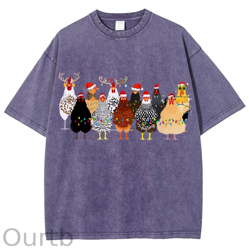 Unisex Christmas Chicken Printed Washed Tee