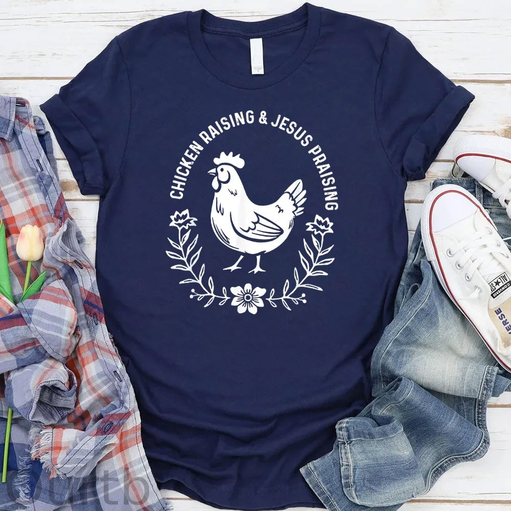 Chicken Raising&Jesus Parising Pattern Round-Neck T-Shirt