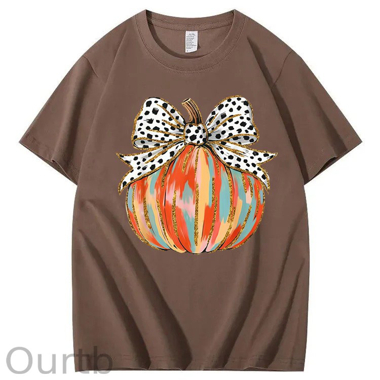 Coquette Bow Pumpkin Season Autumn Fall Leaves Thanksgiving 100% Cotton T-Shirt