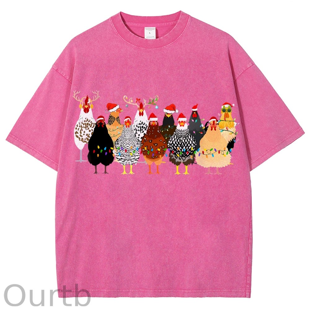 Unisex Christmas Chicken Printed Washed Tee