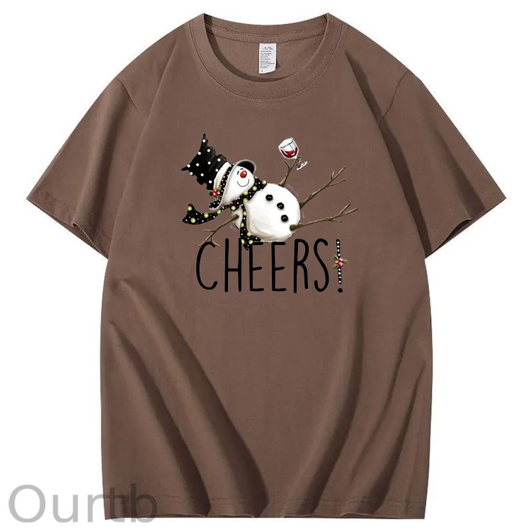 Christmas Cheers Snowman Pattern 100% Cotton Crew Neck T-Shirt