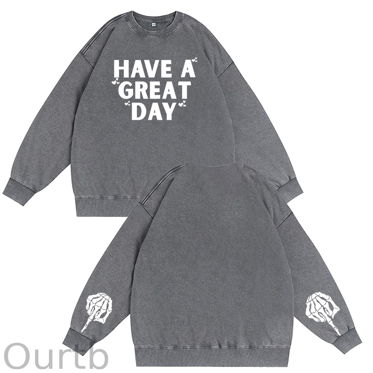 Have A Great Day Skull  Pattern Vintage 100% 325g Cotton Washed Long Sleeve Sweatshirt