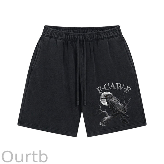F-Caw-F Crow Print Washed Shorts Pants