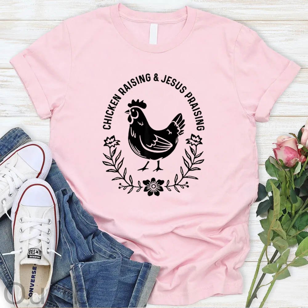 Chicken Raising&Jesus Parising Pattern Round-Neck T-Shirt