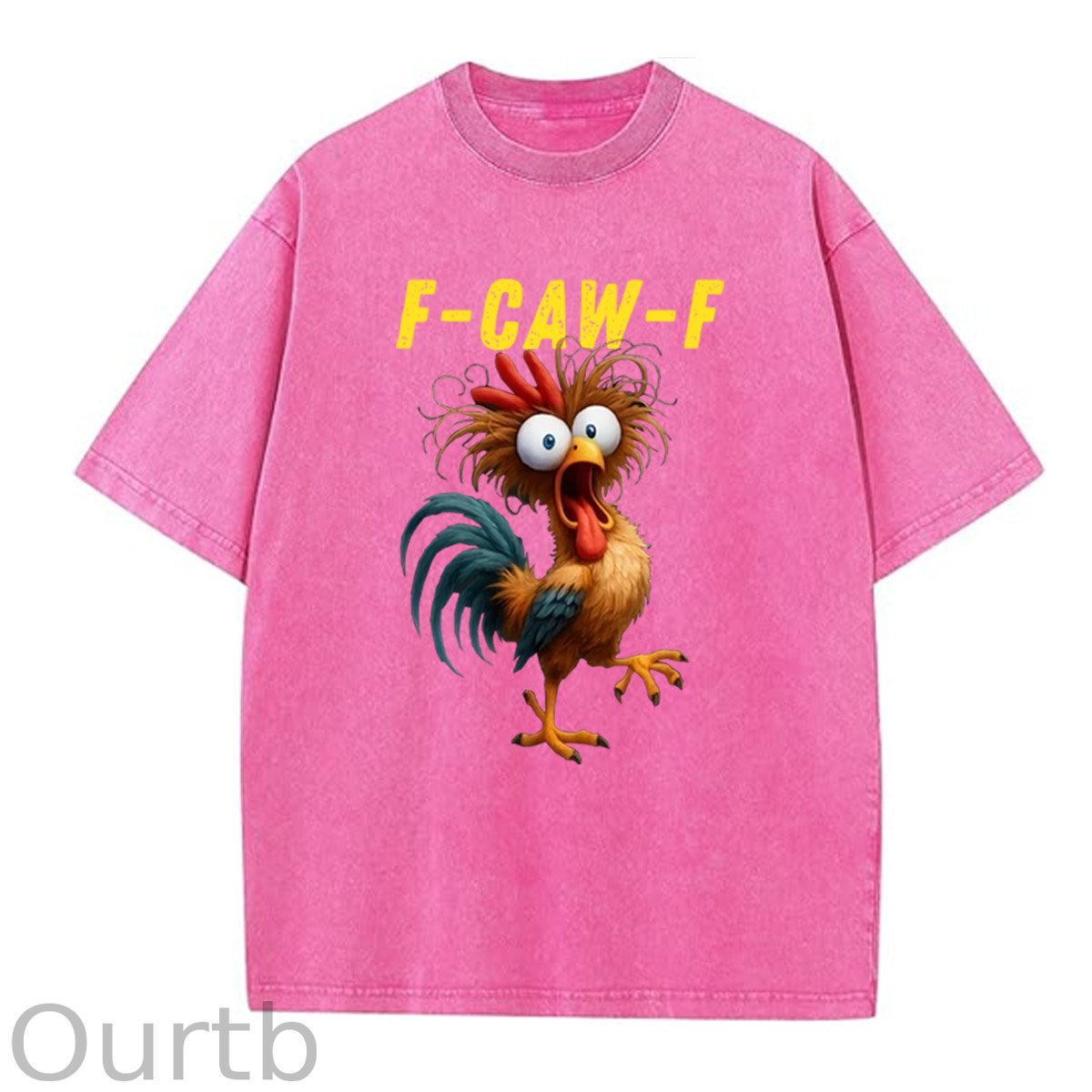 F-Caw-F Crazy Chicken Pattern  Washed Distressed Crew Neck 100% Cototon T-Shirt