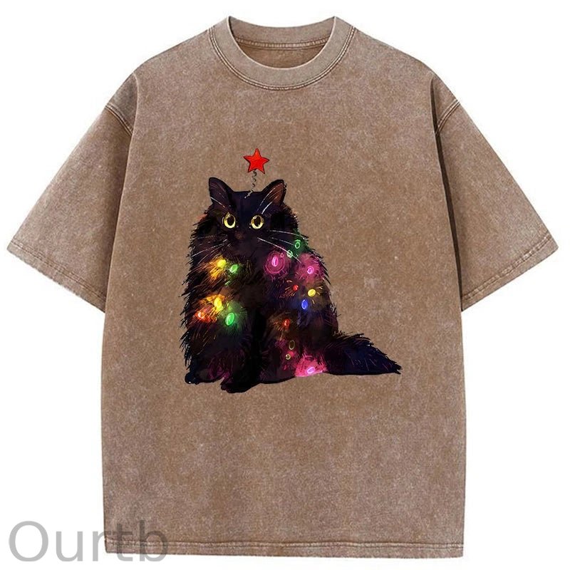 Christmas Lights Cat Washed T-Shirt
