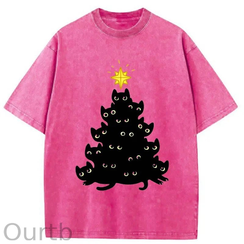Black Cat Christmas Tree Washed T-Shirt