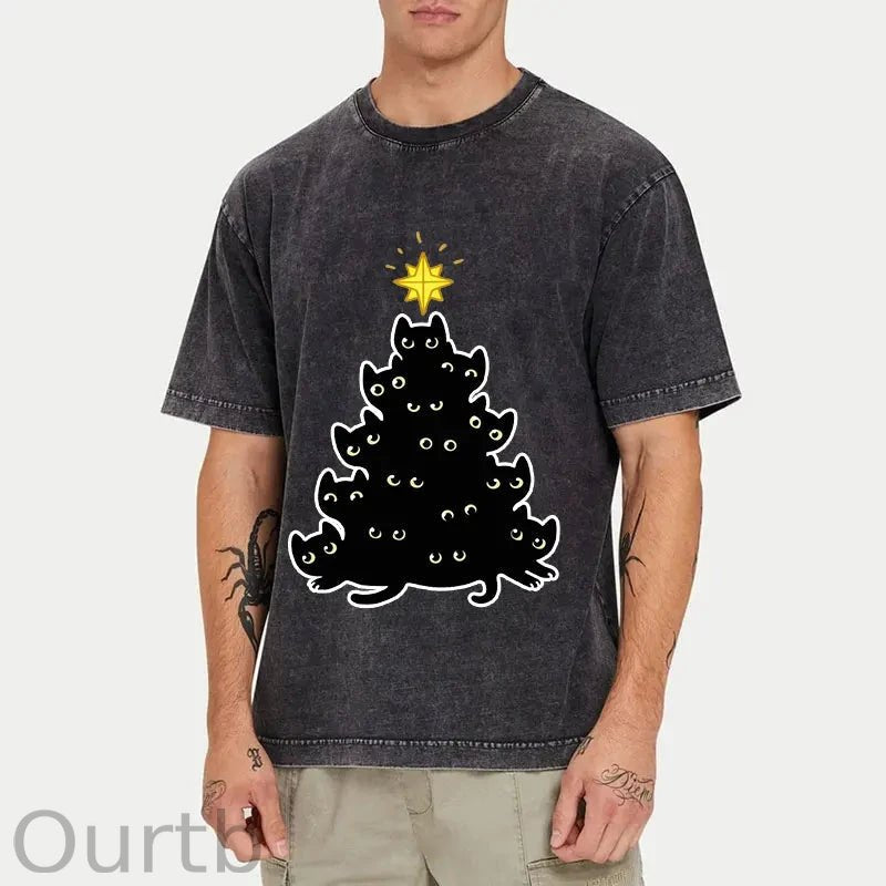 Black Cat Christmas Tree Washed T-Shirt