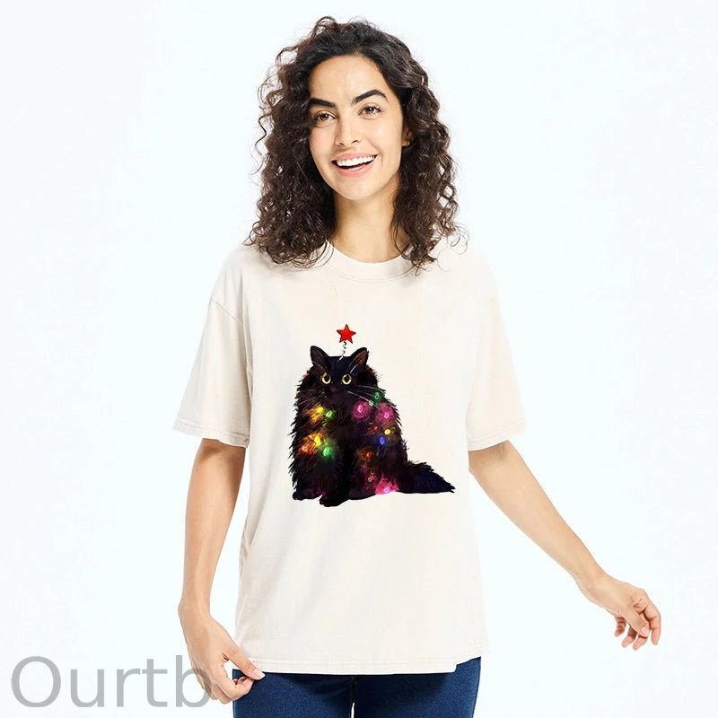 Christmas Lights Cat Washed T-Shirt