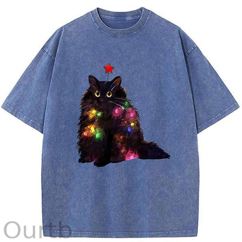 Christmas Lights Cat Washed T-Shirt