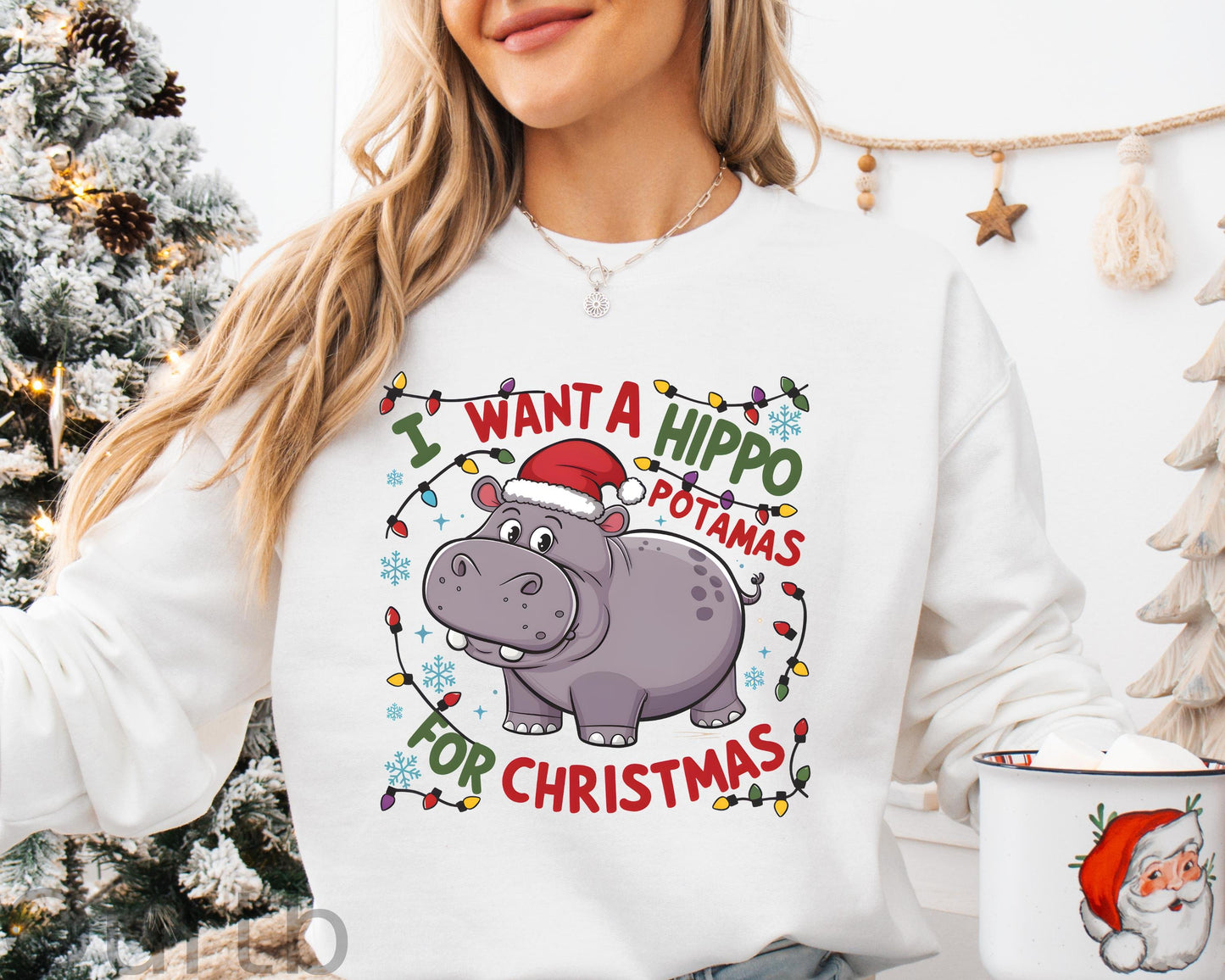 Christmas Hippo   Pattern 100% 300g CottonCrew Neck Sweatshirt