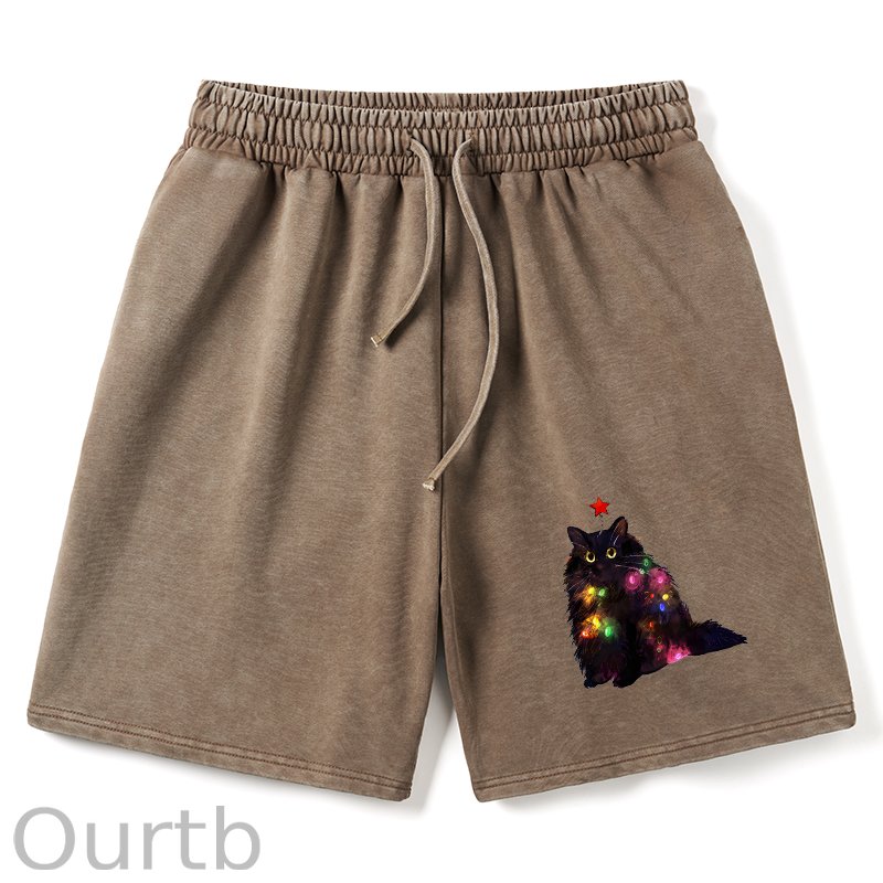 Christmas Lights Cat Washed Shorts
