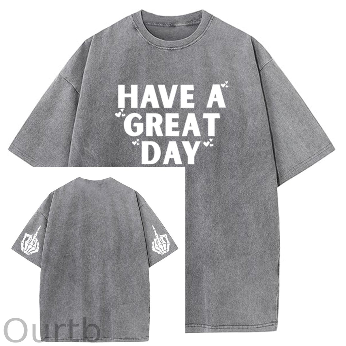 Have A Great Day Pattern  Washed Distressed Crew Neck 100% Cototon T-Shirt