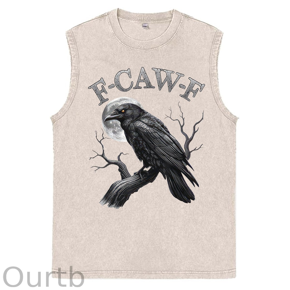 F-Caw-F Crow Print Washed Cotton Sleeveless Tank Tops