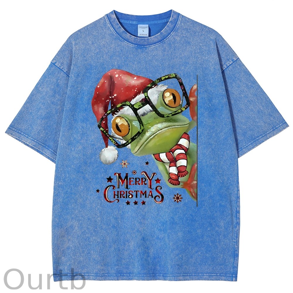 Unisex Christmas Frog Printed Washed Tee
