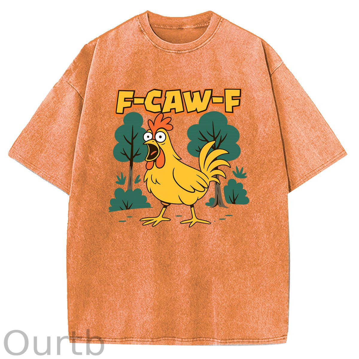 F-Caw-F Crazy Shocked Chicken Pattern  Washed Distressed Crew Neck 100% Cototon T-Shirt