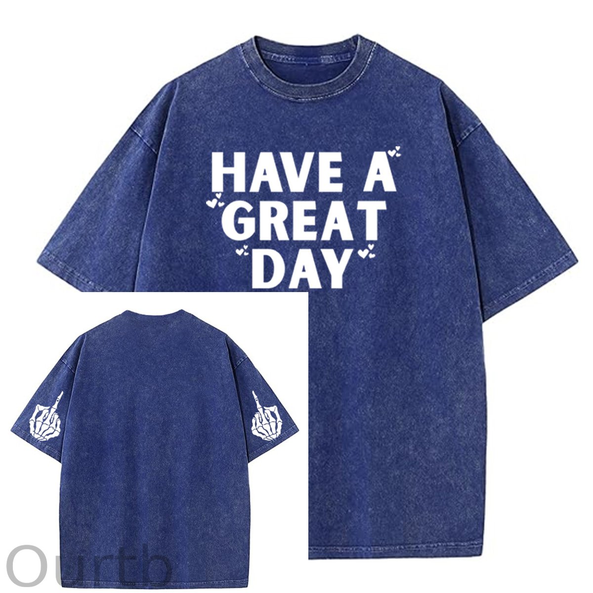 Have A Great Day Pattern  Washed Distressed Crew Neck 100% Cototon T-Shirt