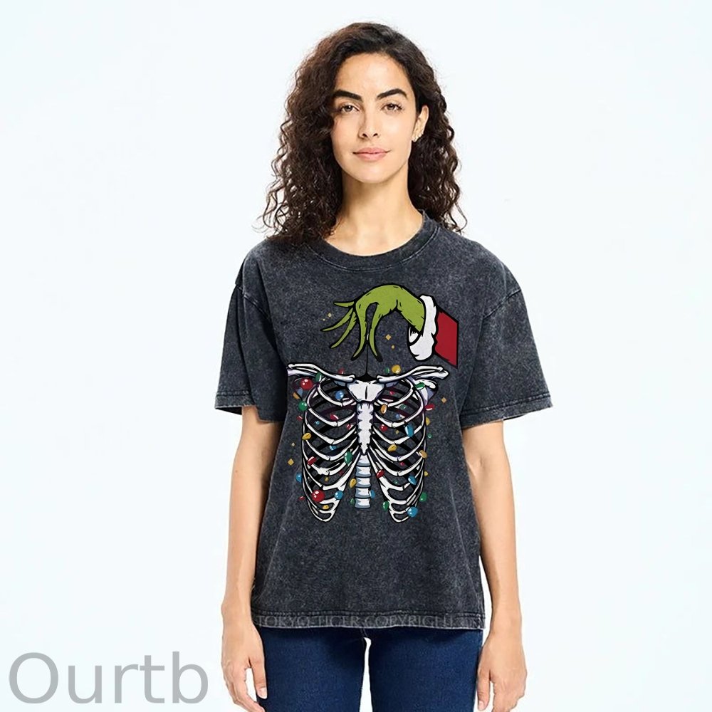 Unisex Christmas Skeleton Printed Washed Tee