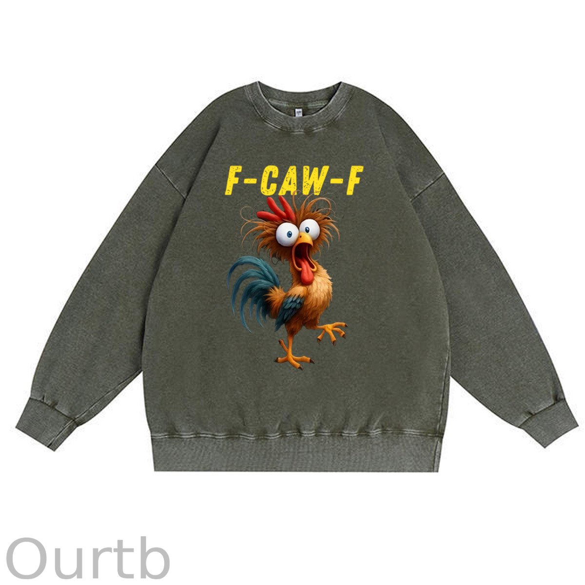 F-Caw-F Crazy Chicken Pattern  Vintage 100% 325g Cotton Washed Long Sleeve Sweatshirt