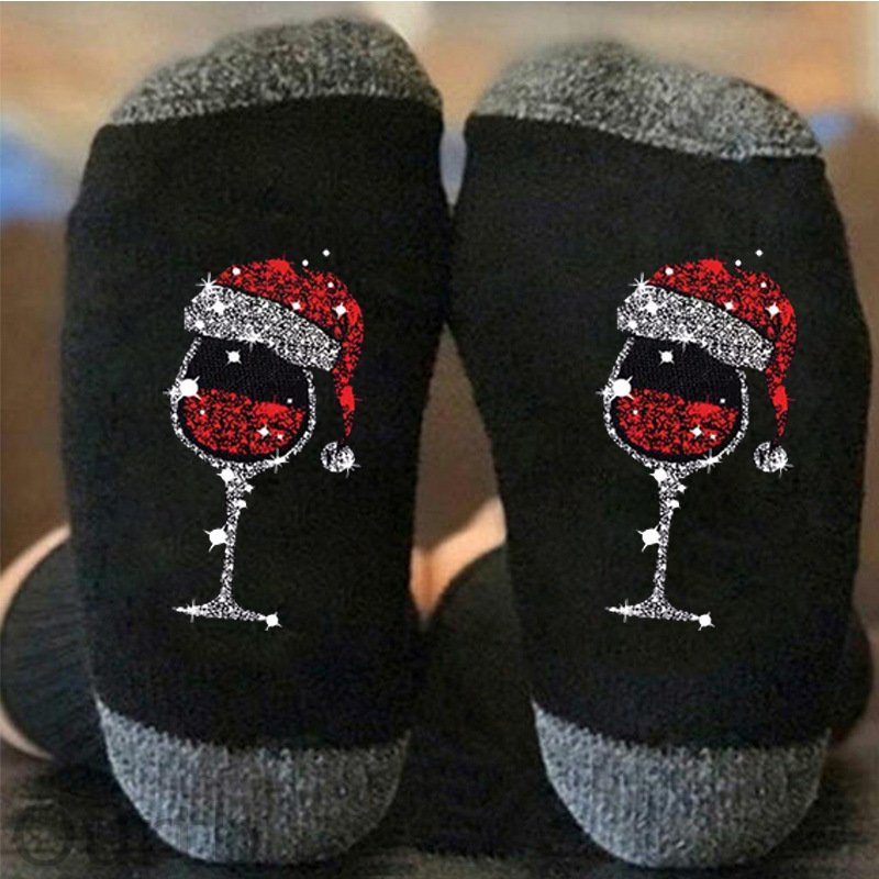Autumn And Winter Cotton Socks, Men's And Women's Contrasting Colors, Red Wine Glasses, Christmas Socks, Cross-border Casual Long Socks, Sweat Absorbing Sports Socks