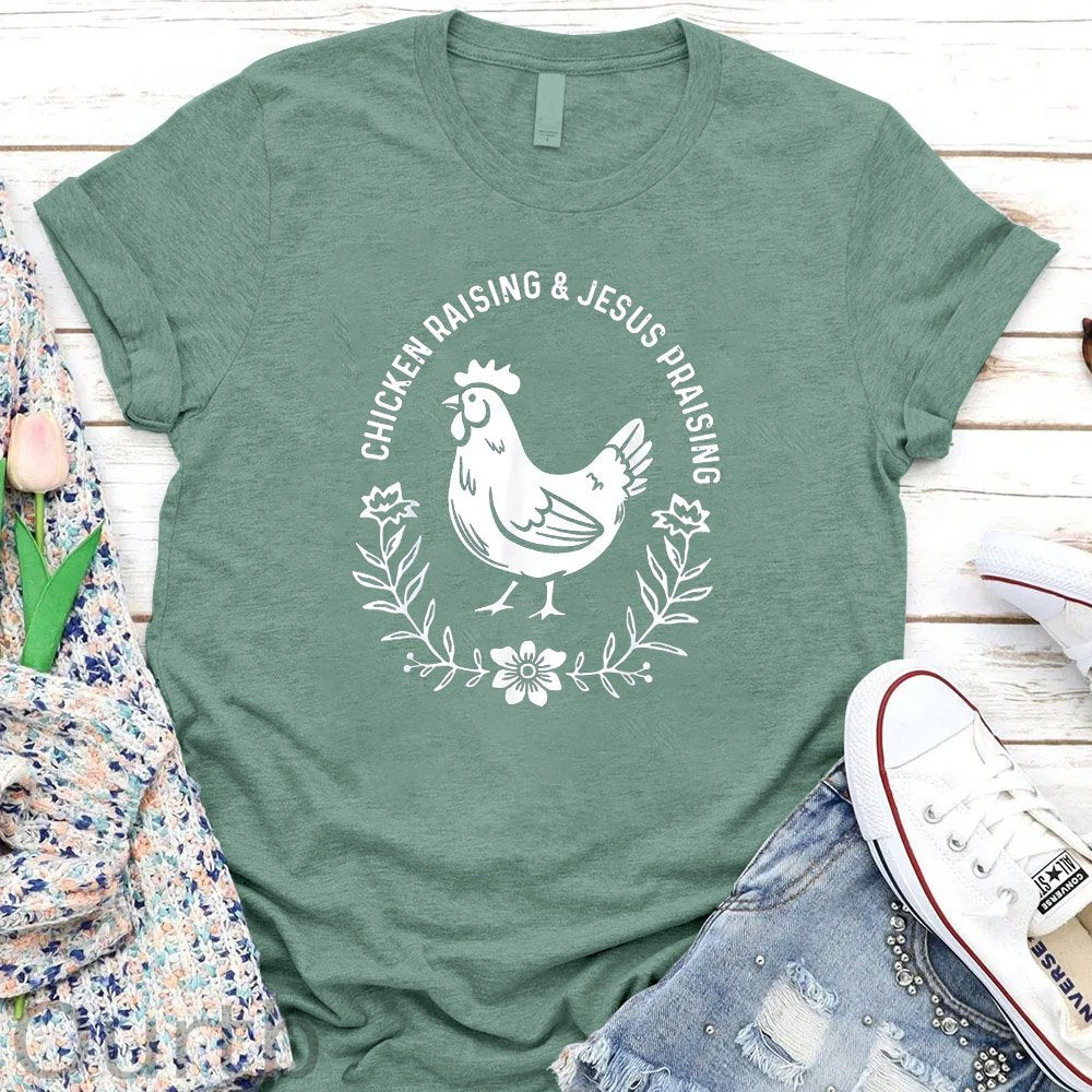 Chicken Raising&Jesus Parising Pattern Round-Neck T-Shirt