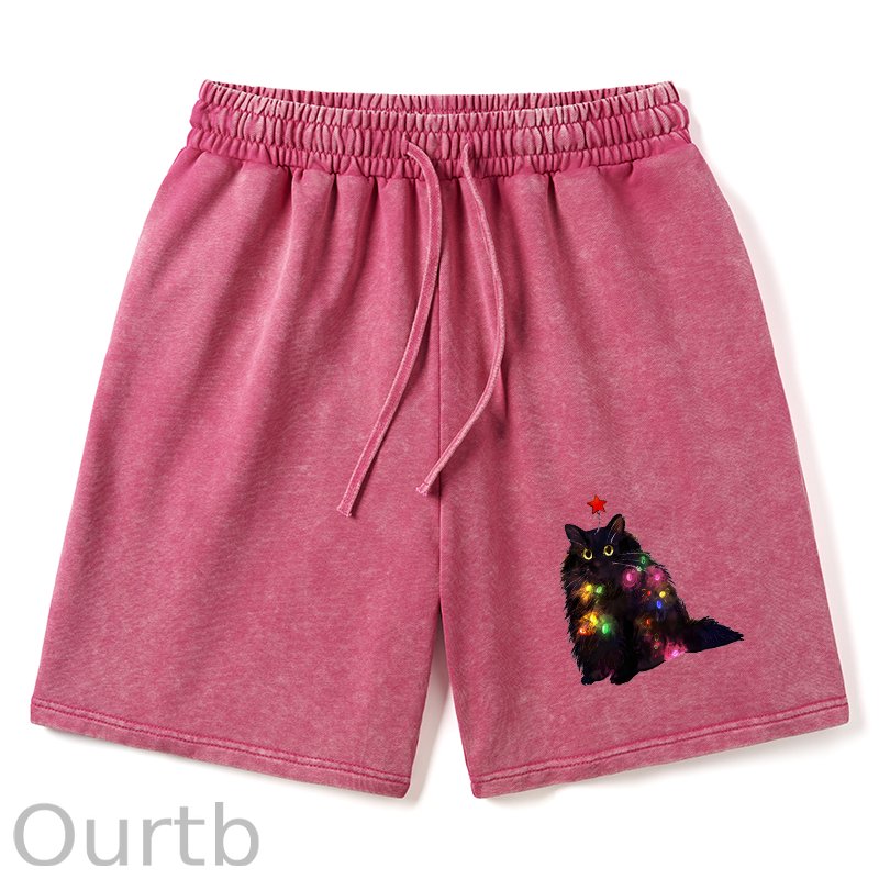 Christmas Lights Cat Washed Shorts