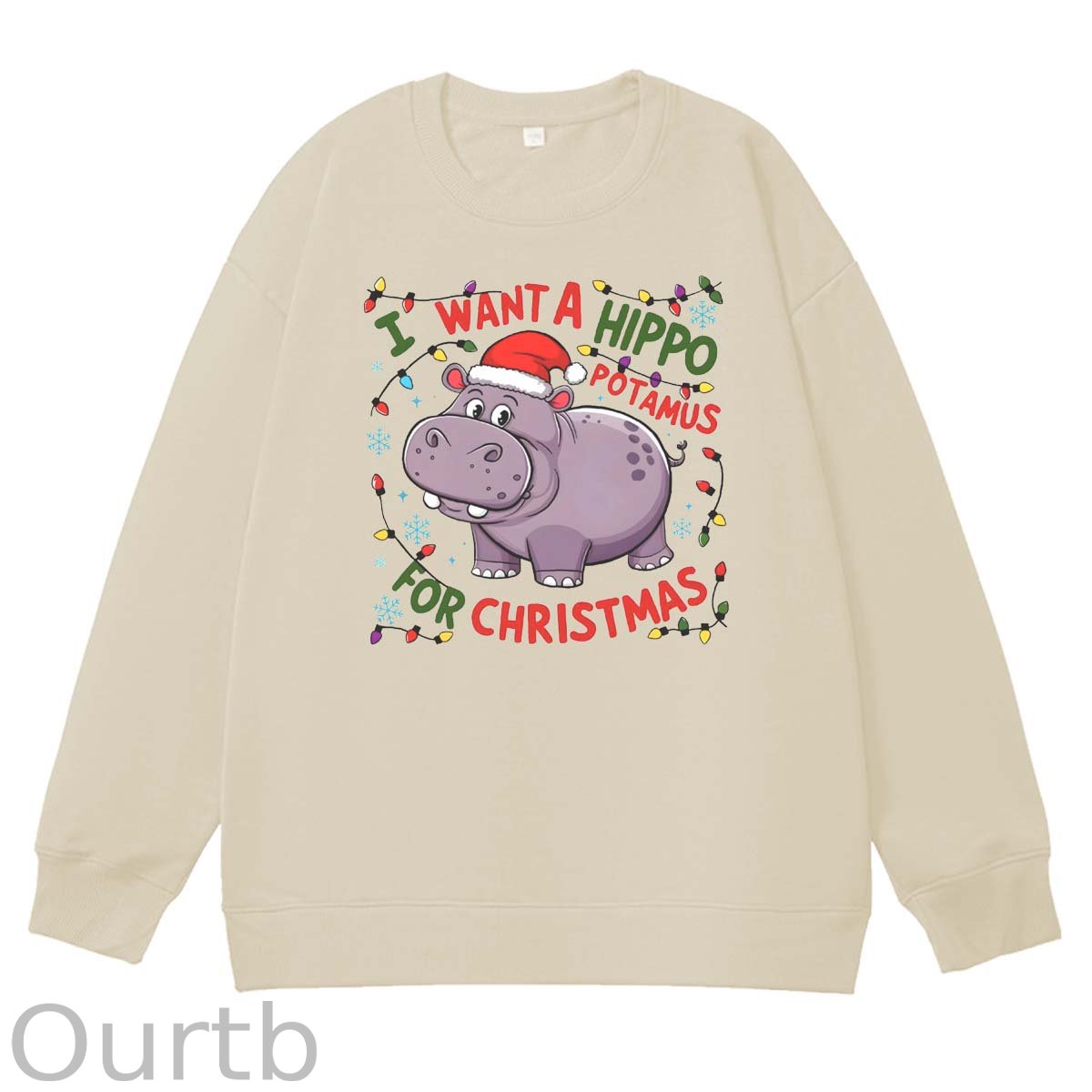 Christmas Hippo   Pattern 100% 300g CottonCrew Neck Sweatshirt