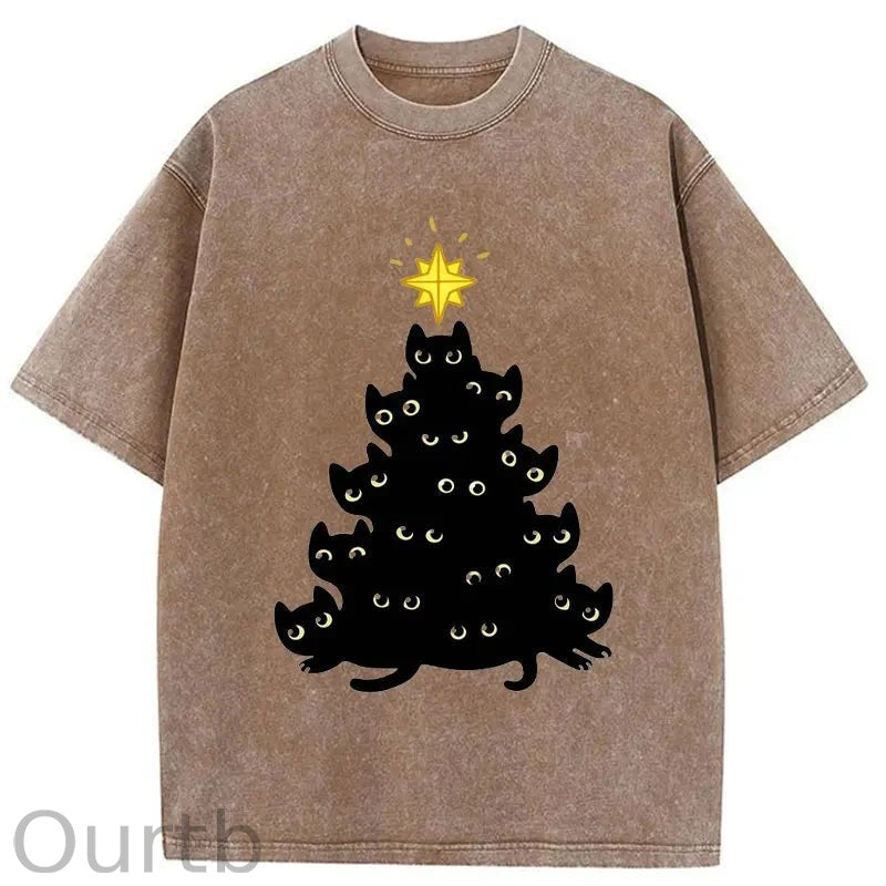 Black Cat Christmas Tree Washed T-Shirt