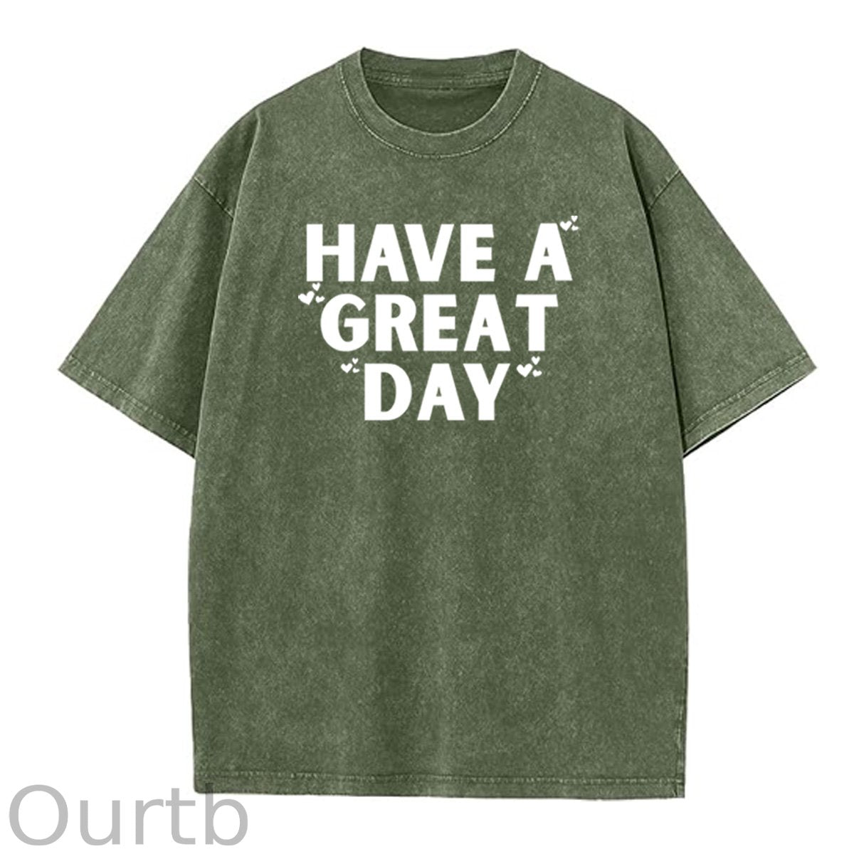 Have A Great Day Pattern  Washed Distressed Crew Neck 100% Cototon T-Shirt