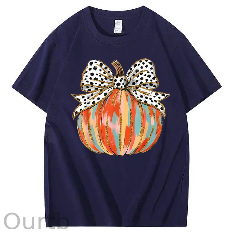 Coquette Bow Pumpkin Season Autumn Fall Leaves Thanksgiving 100% Cotton T-Shirt