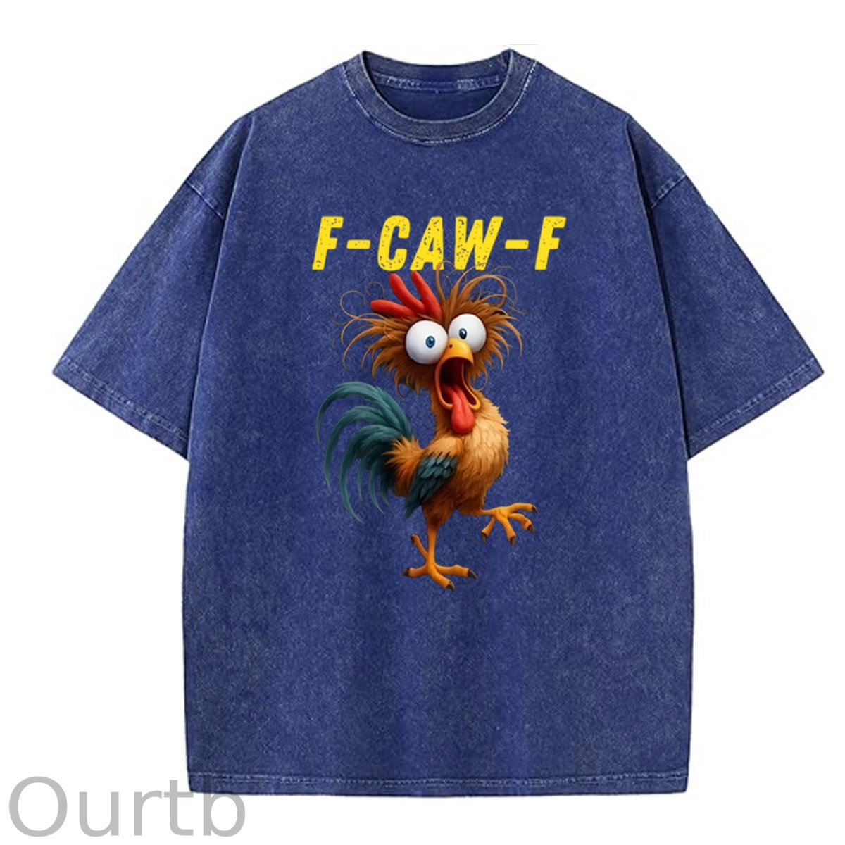 F-Caw-F Crazy Chicken Pattern  Washed Distressed Crew Neck 100% Cototon T-Shirt