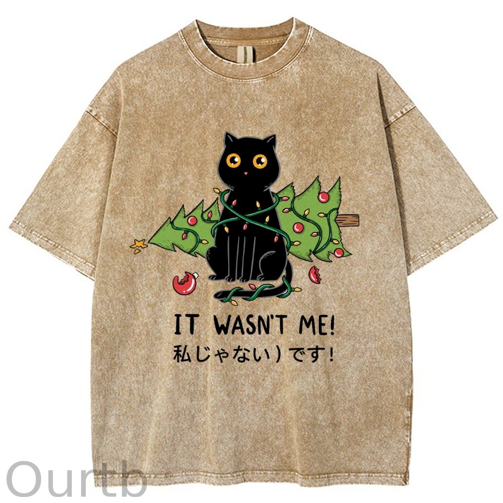 Unisex Christmas Cat Printed Washed Tee