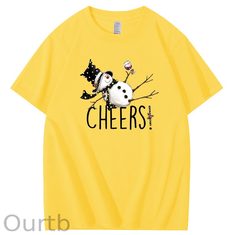 Christmas Cheers Snowman Pattern 100% Cotton Crew Neck T-Shirt