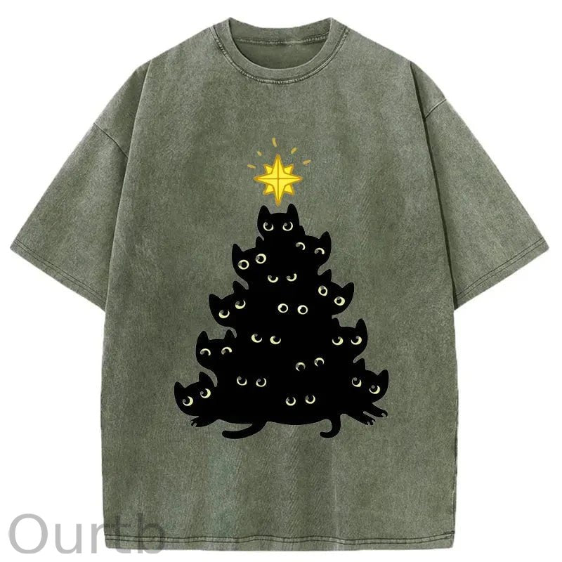 Black Cat Christmas Tree Washed T-Shirt