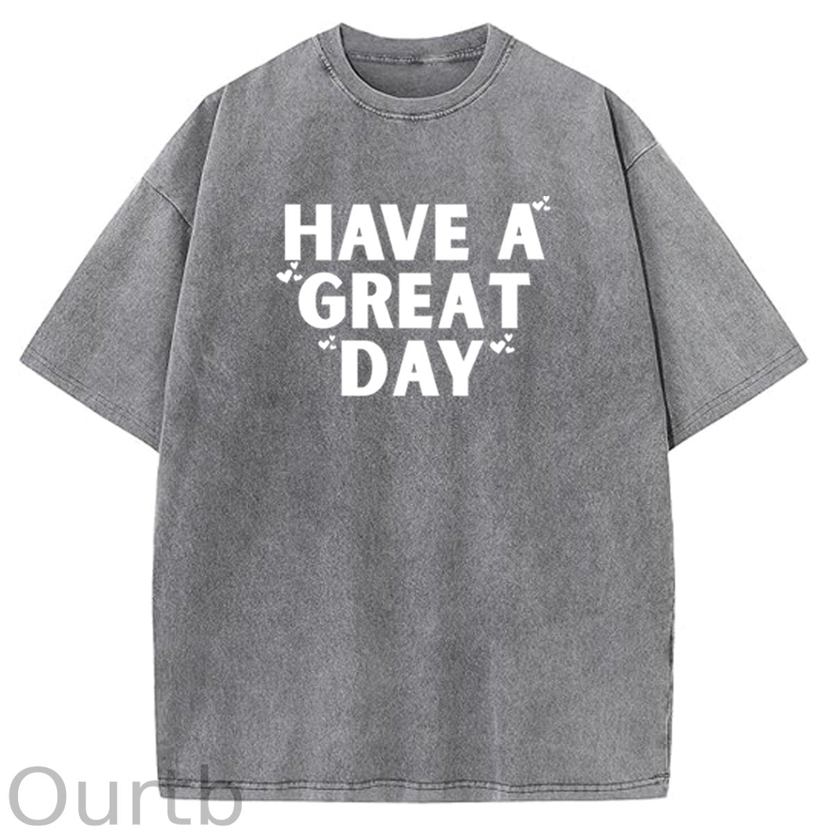 Have A Great Day Pattern  Washed Distressed Crew Neck 100% Cototon T-Shirt