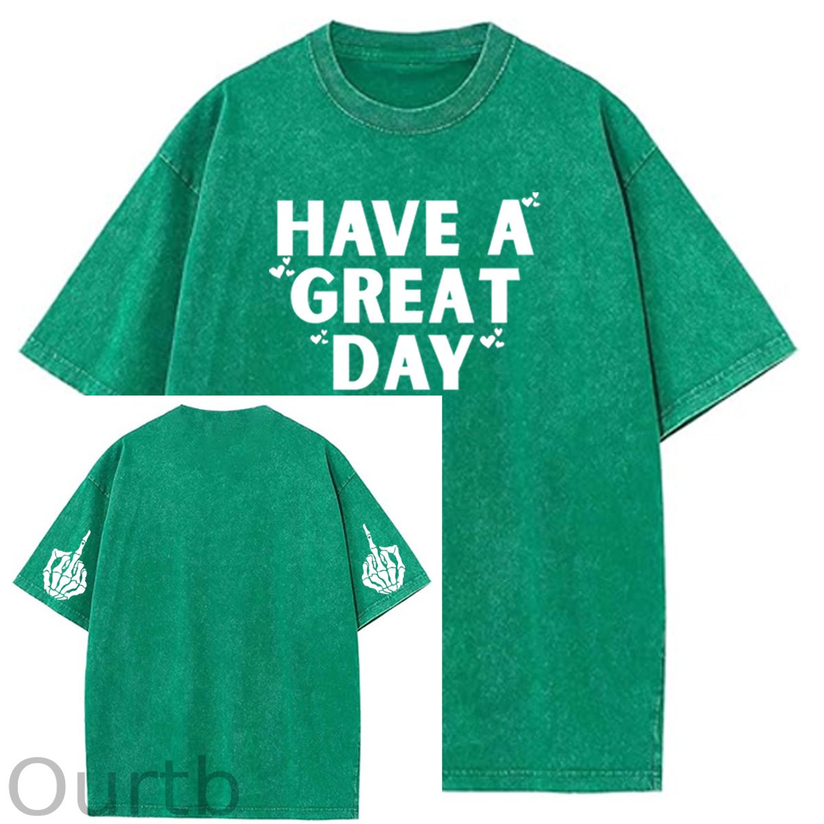 Have A Great Day Pattern  Washed Distressed Crew Neck 100% Cototon T-Shirt