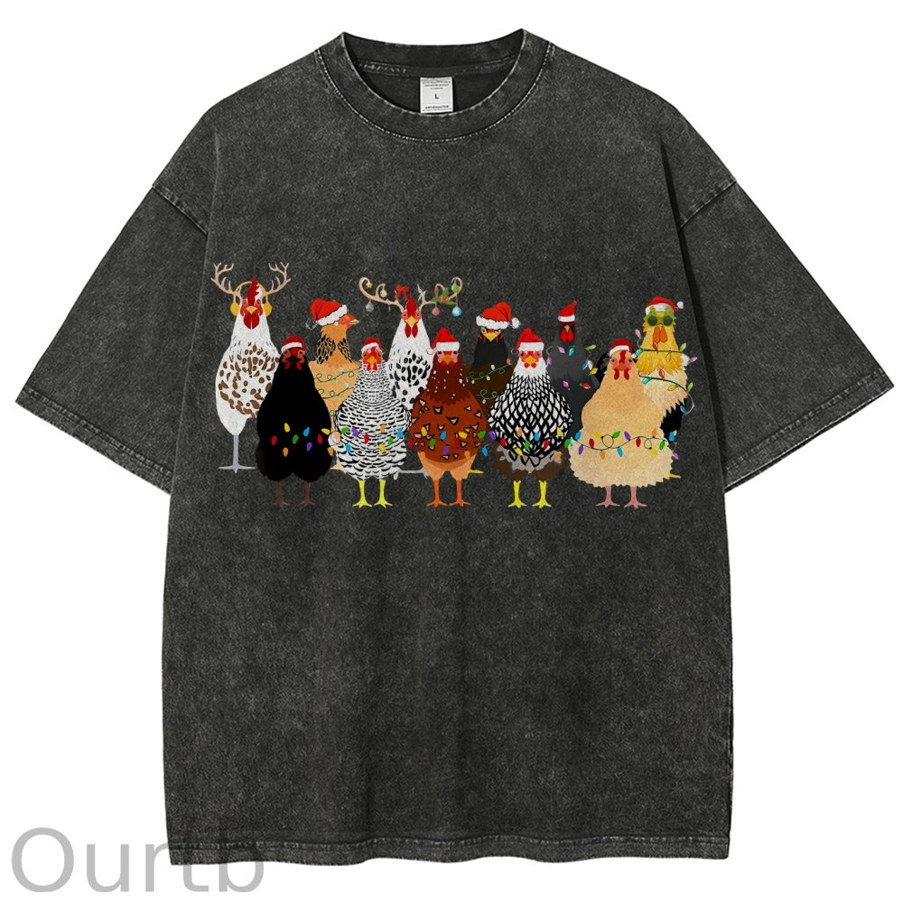 Unisex Christmas Chicken Printed Washed Tee