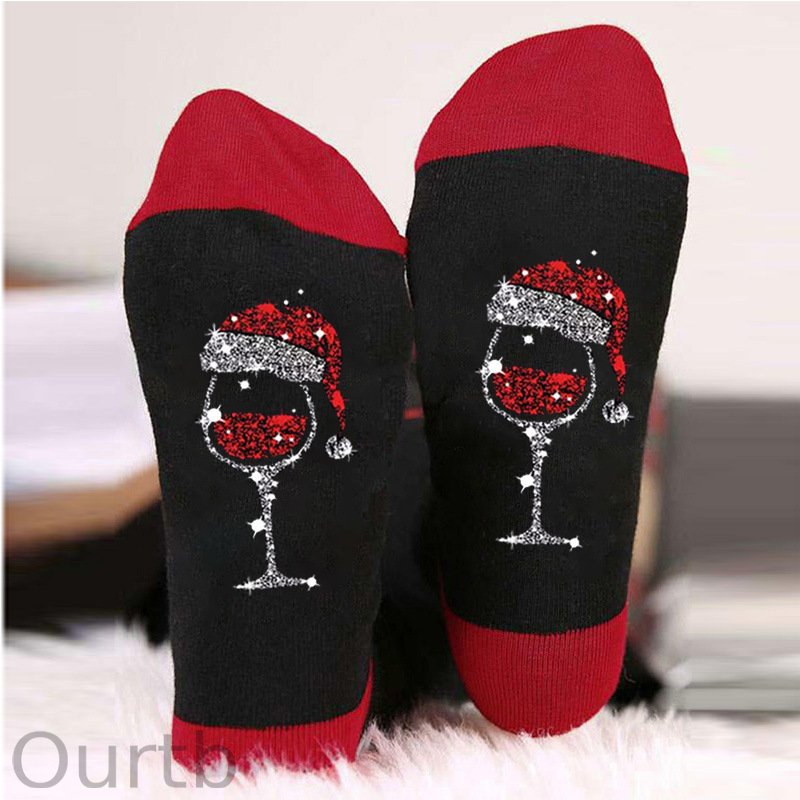 Autumn And Winter Cotton Socks, Men's And Women's Contrasting Colors, Red Wine Glasses, Christmas Socks, Cross-border Casual Long Socks, Sweat Absorbing Sports Socks