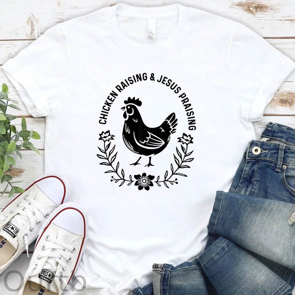 Chicken Raising&Jesus Parising Pattern Round-Neck T-Shirt