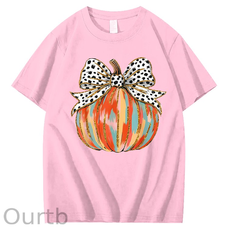 Coquette Bow Pumpkin Season Autumn Fall Leaves Thanksgiving 100% Cotton T-Shirt