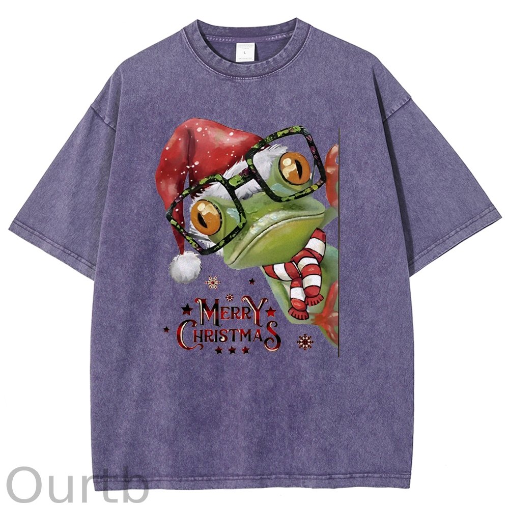 Unisex Christmas Frog Printed Washed Tee