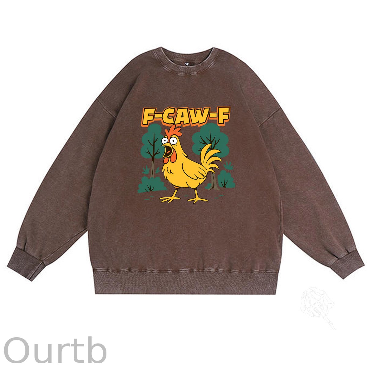 F-Caw-F Crazy Shocked Chicken Pattern  Vintage 100% 325g Cotton Washed Long Sleeve Sweatshirt